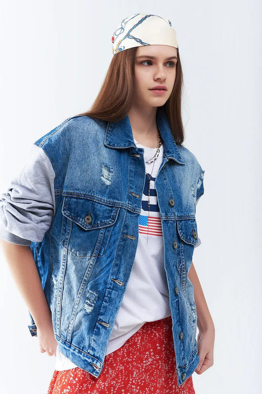 Q2 Veste en jean avec manches en tissu jogging