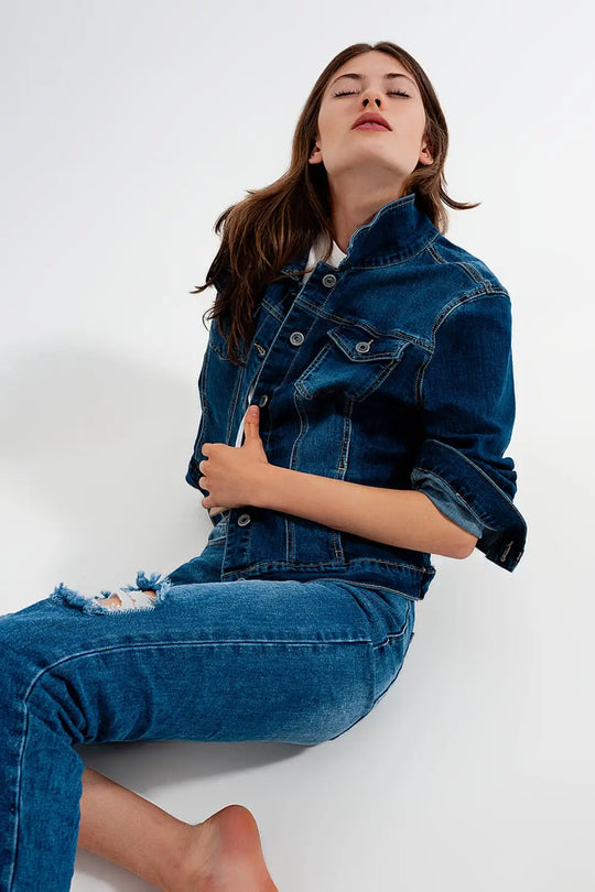 Veste en jean coupe courte - Bleu foncé délavé - Vestes