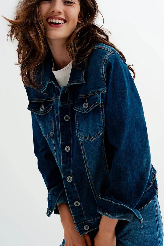Veste en jean coupe courte - Bleu foncé délavé - Vestes