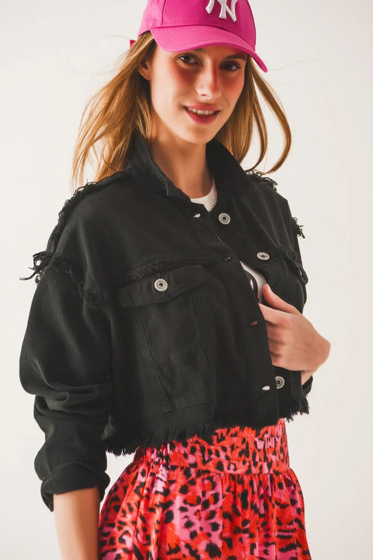Q2 Veste en jean courte style trucker noire