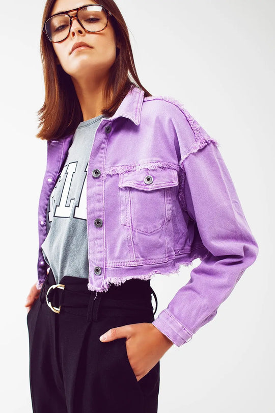 Veste en jean courte style trucker pourpre - Vestes