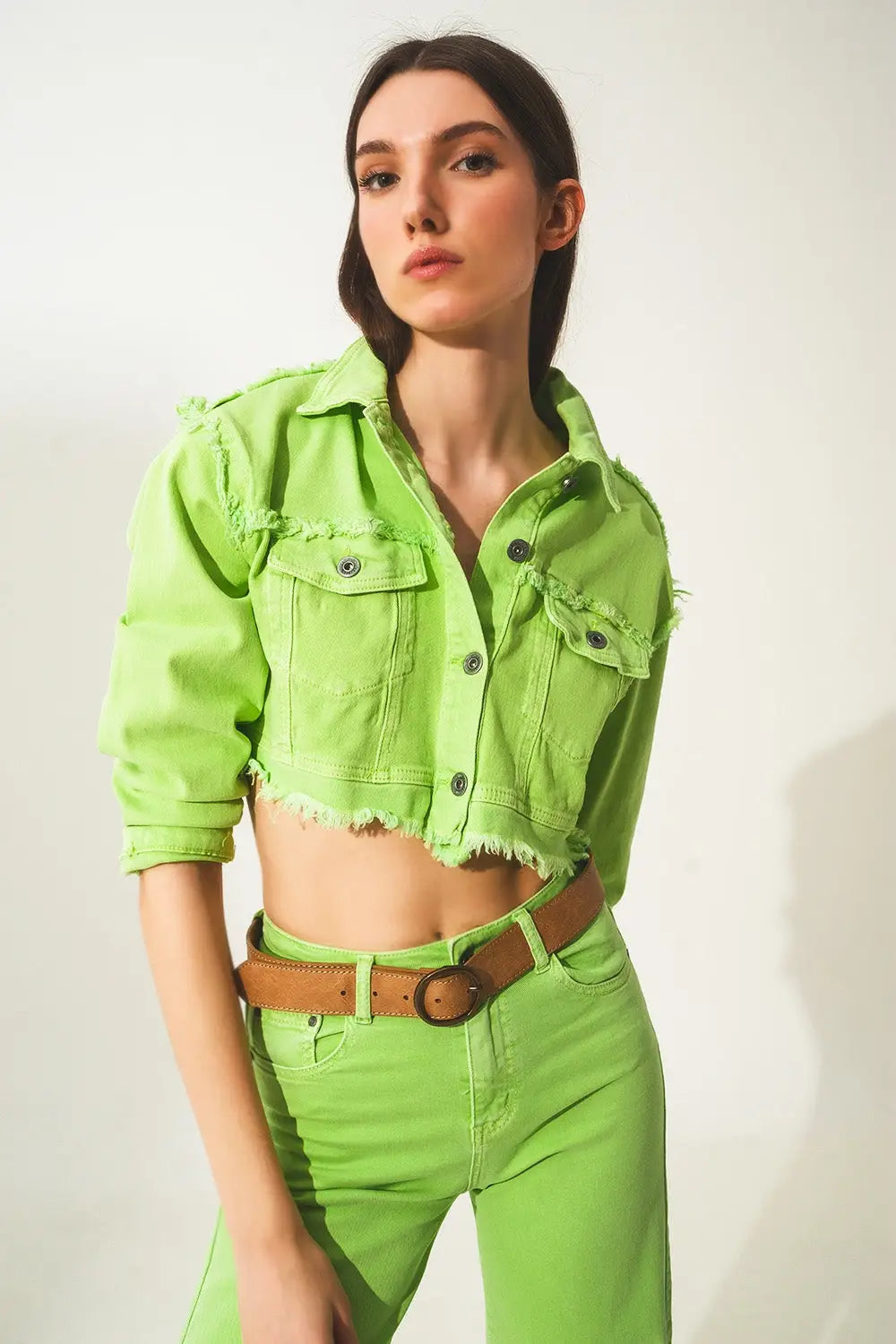 Veste en jean courte style trucker vert acide - Vestes