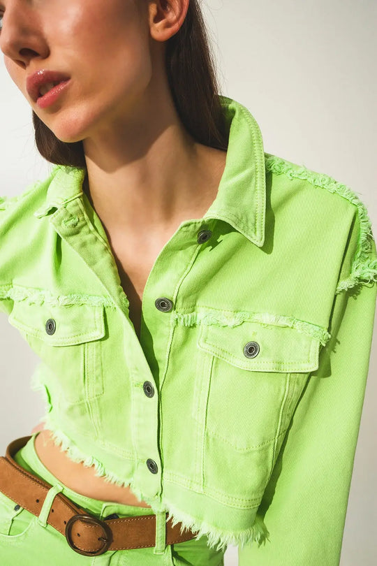 Veste en jean courte style trucker vert acide - Vestes