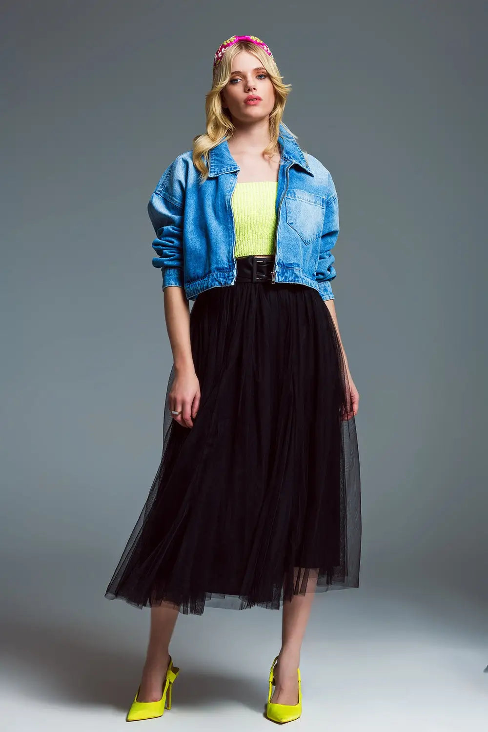 Veste en jean cropped oversized avec fermeture éclair et col montant - Vestes