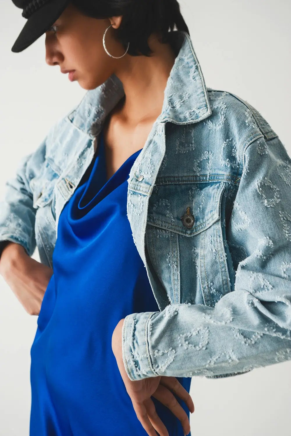 Veste en jean oversize à ornements bleu délavé clair - Vestes