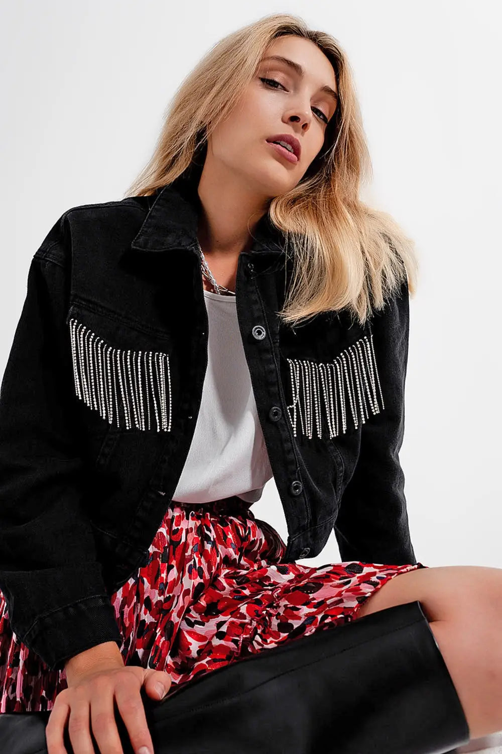Veste noir en denim à franges ornées de strass - Vestes