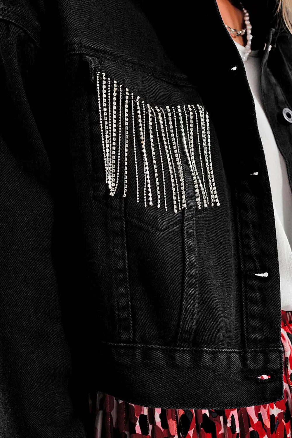 Veste noir en denim à franges ornées de strass - Vestes