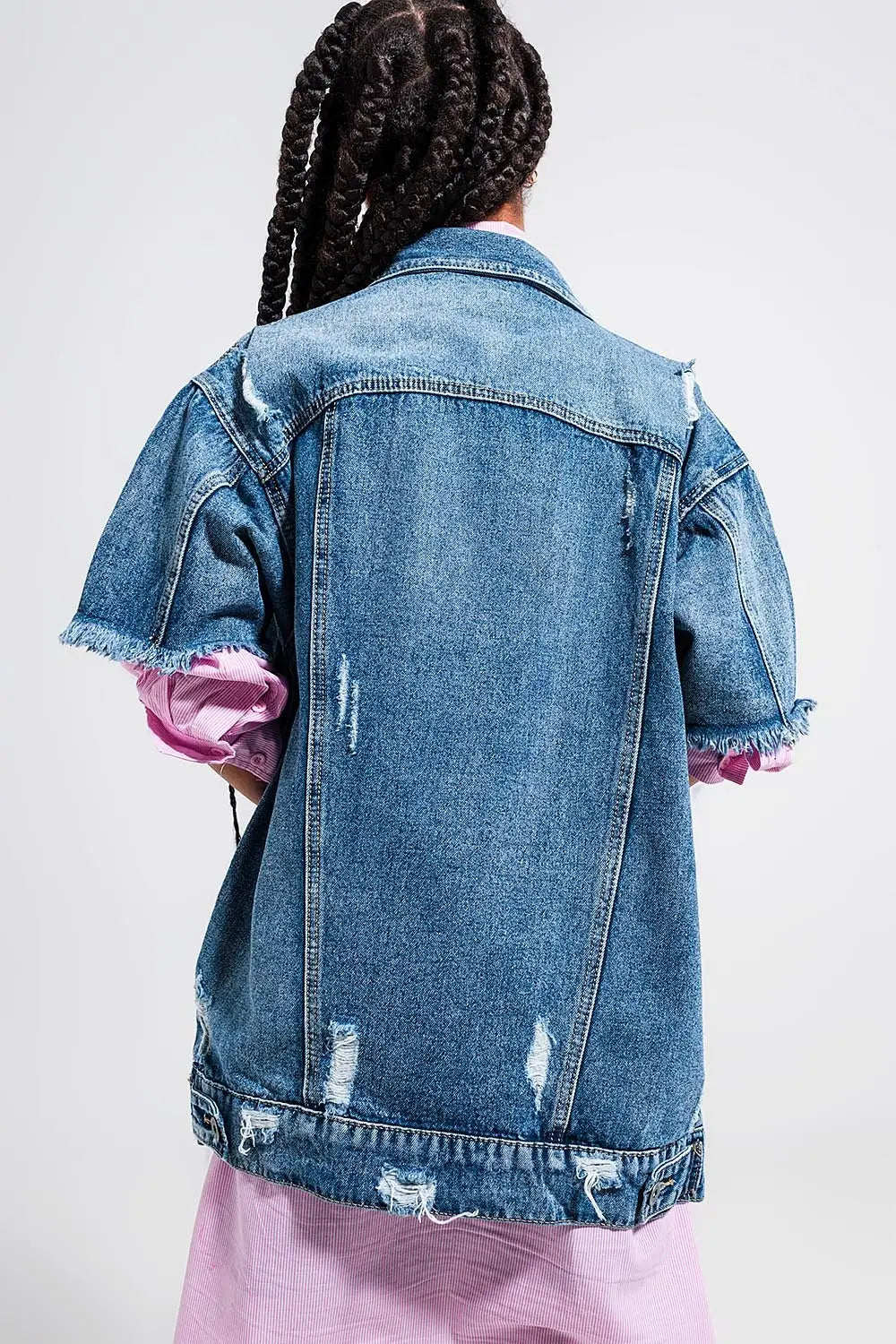 Veste oversize en jean effet vieilli à manches courtes - Vestes