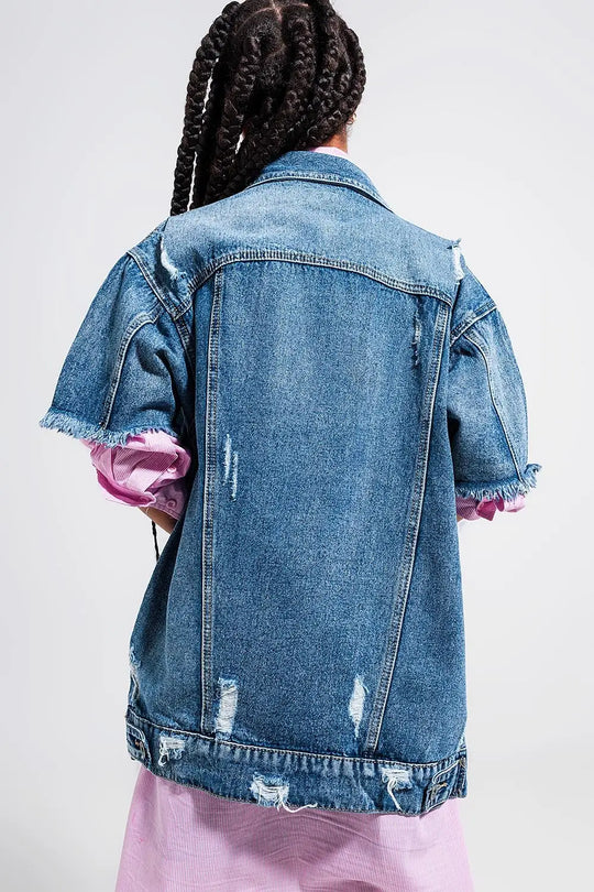 Veste oversize en jean effet vieilli à manches courtes - Vestes