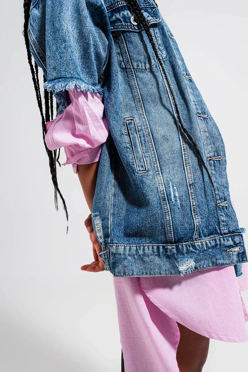 Veste oversize en jean effet vieilli à manches courtes - Vestes