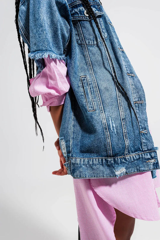 Veste oversize en jean effet vieilli à manches courtes - Vestes
