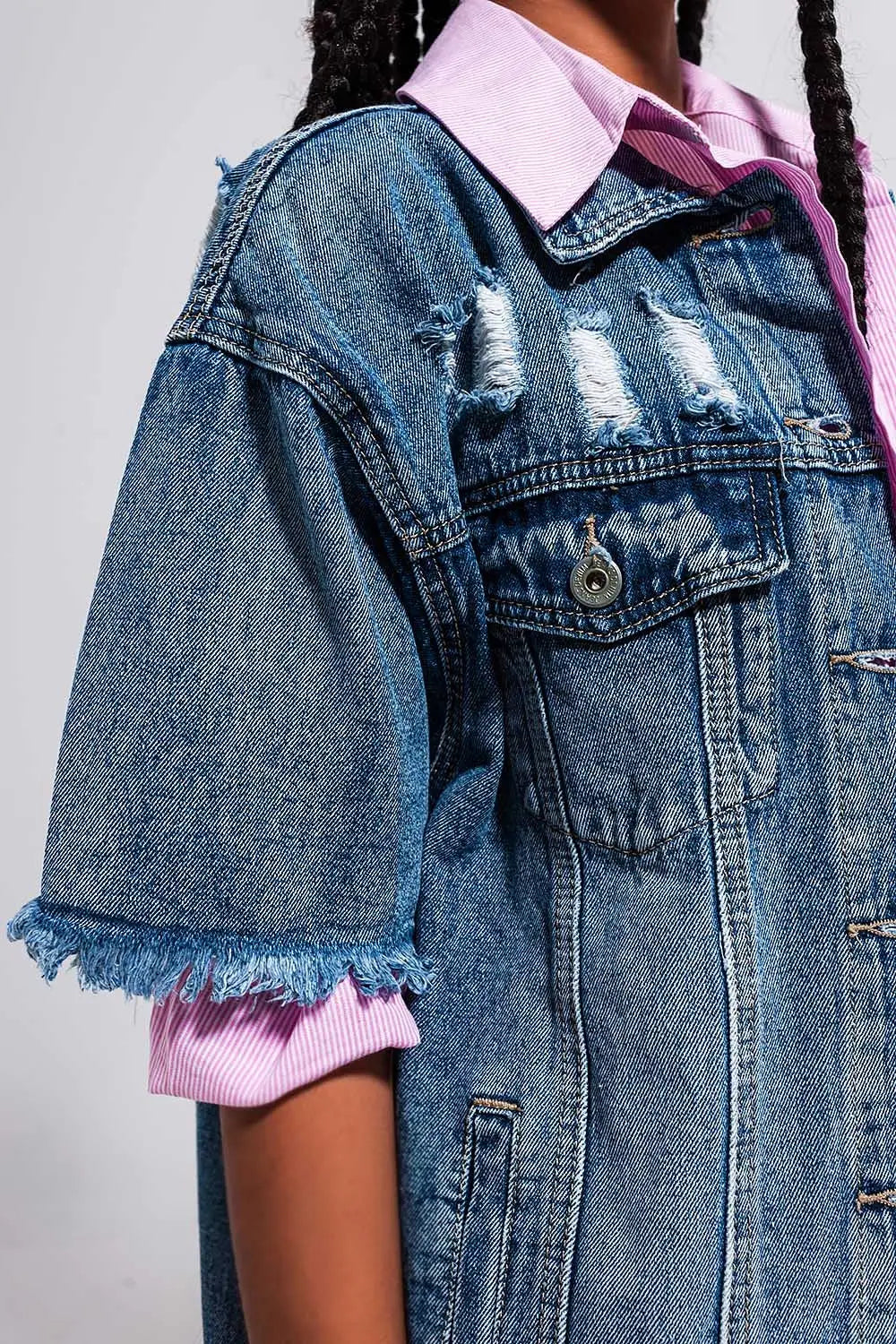 Veste oversize en jean effet vieilli à manches courtes - Vestes