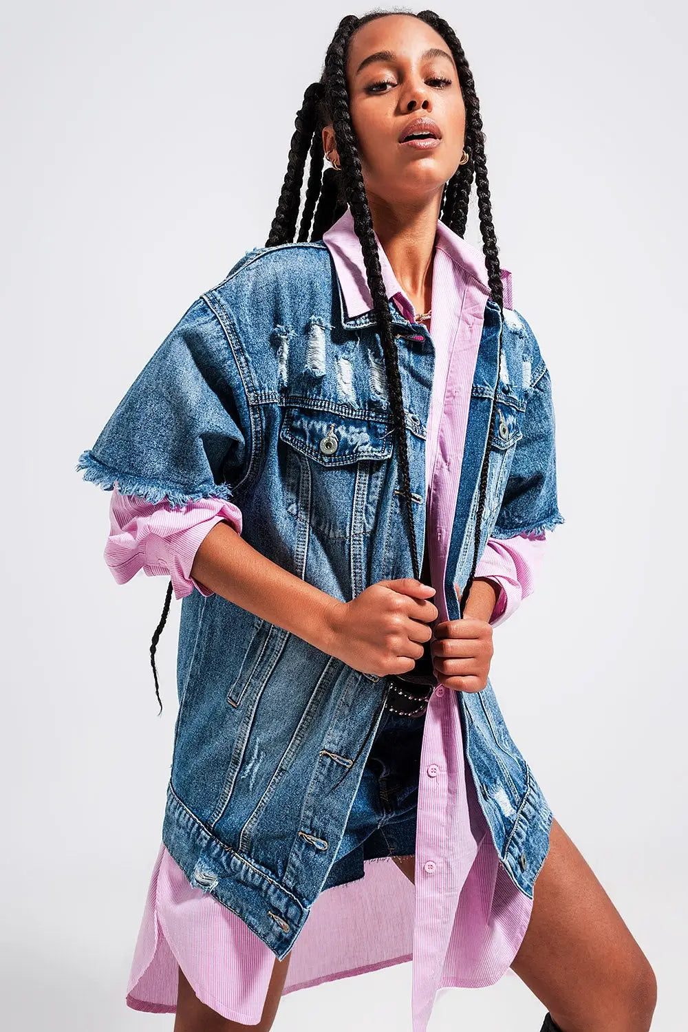 Q2 Veste oversize en jean effet vieilli à manches courtes