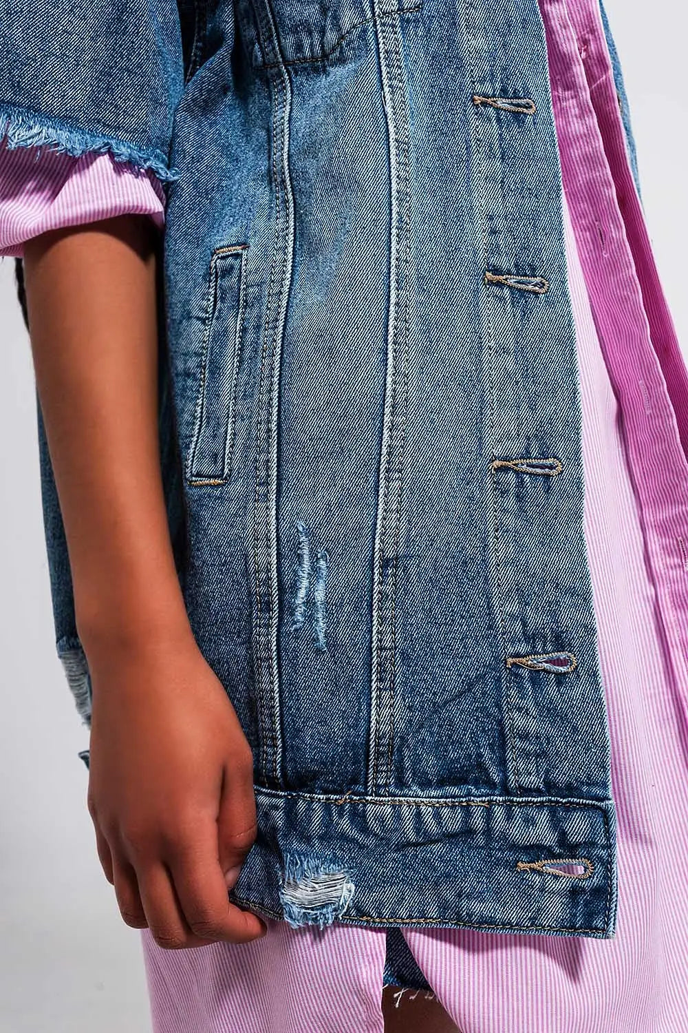 Veste oversize en jean effet vieilli à manches courtes - Vestes