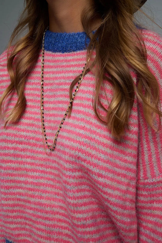Vibrant Striped Knit Sweater with Navy Details - One Size / Pink - Sweaters
