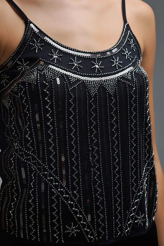 vintage Embroidered Sequin Cami Top in black - Tops