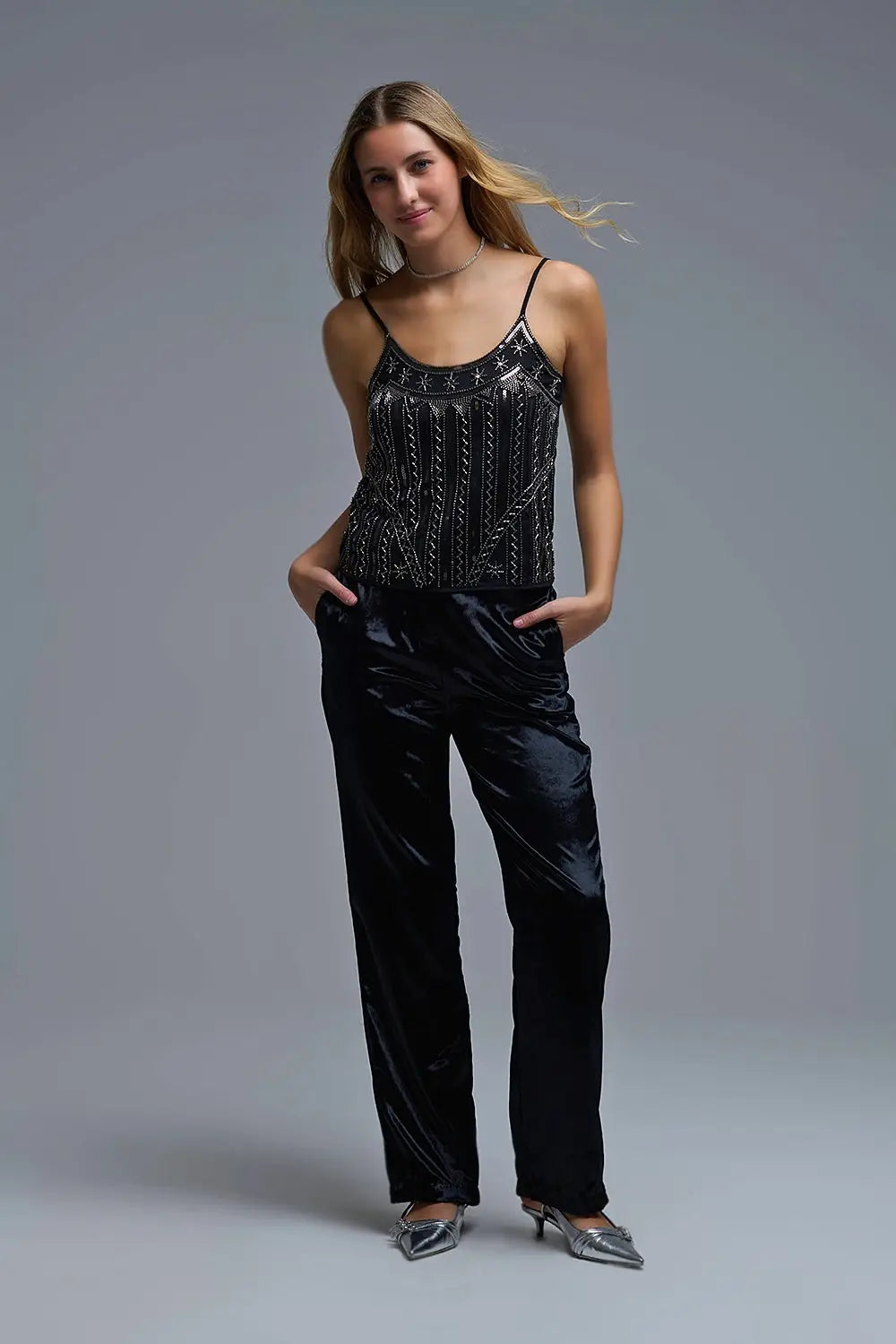 vintage Embroidered Sequin Cami Top in black - Tops