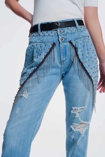 Q2 vintage ripped straight jeans with studs and chains