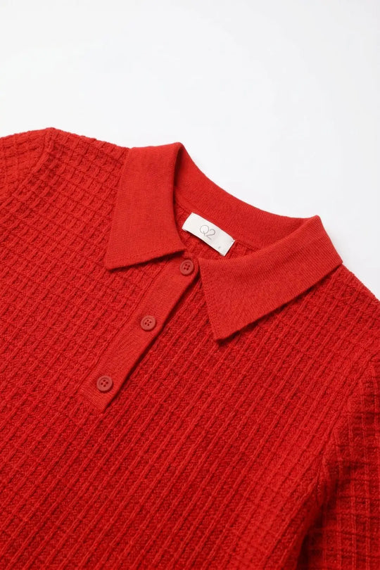 Waffle Knit Button Placket Polo in red with Short Sleeve - Sweaters