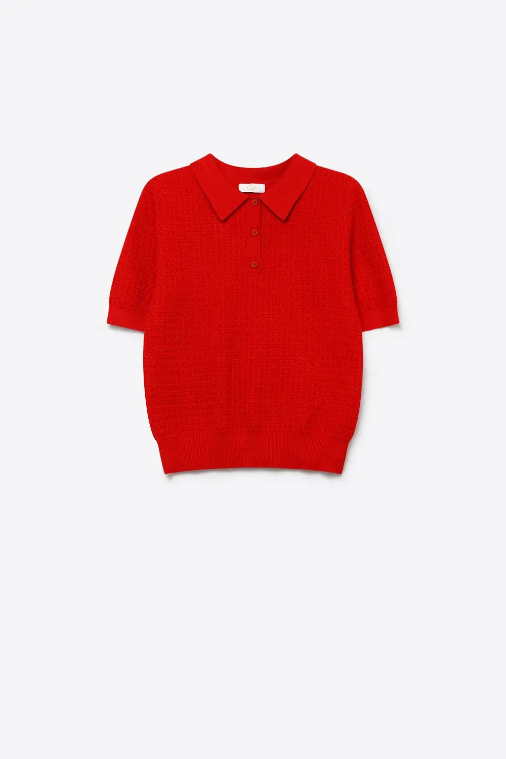 Waffle Knit Button Placket Polo in red with Short Sleeve - Sweaters