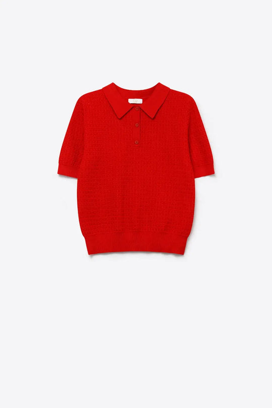 Waffle Knit Button Placket Polo in red with Short Sleeve - Sweaters
