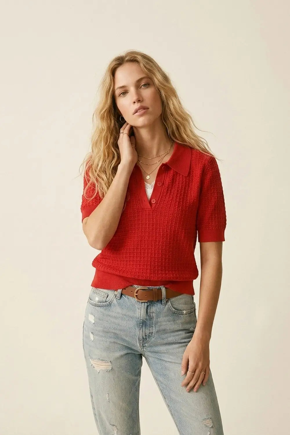 Q2 Waffle Knit Button Placket Polo in red with Short Sleeve