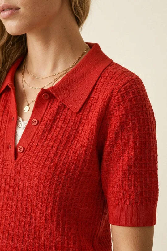 Waffle Knit Button Placket Polo in red with Short Sleeve - Sweaters