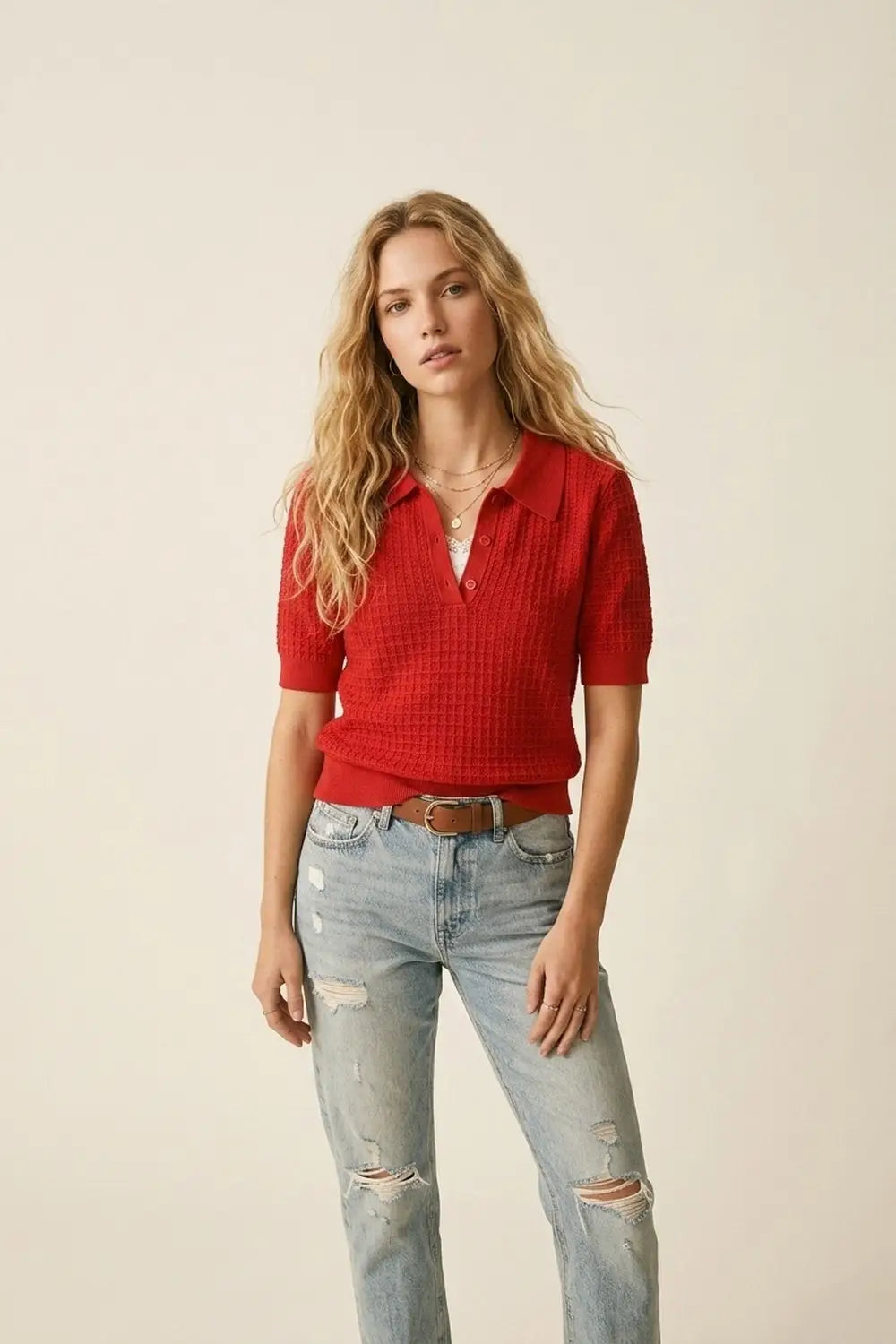 Waffle Knit Button Placket Polo in red with Short Sleeve - Sweaters