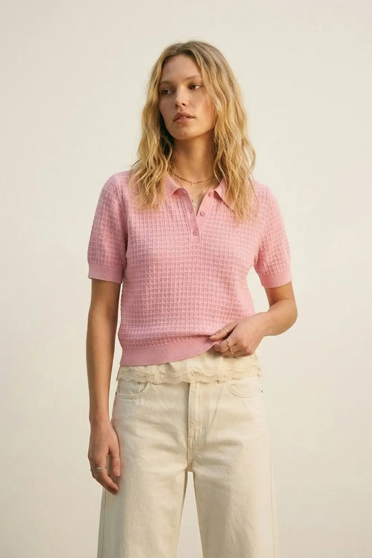 Waffle Knit Button Polo in pink with Short Sleeve - Sweaters