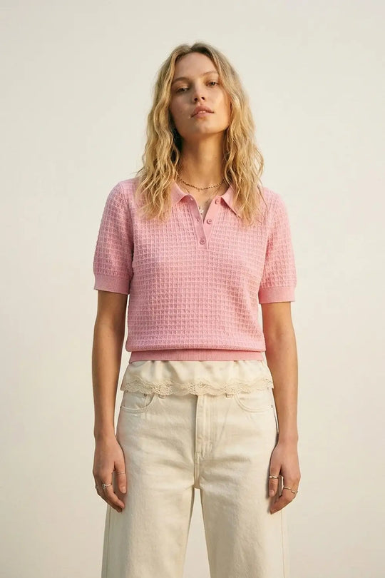Q2 Waffle Knit Button Polo in pink with Short Sleeve