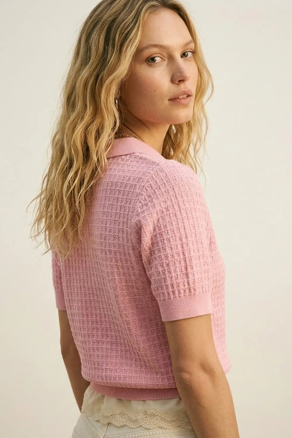 Waffle Knit Button Polo in pink with Short Sleeve - Sweaters