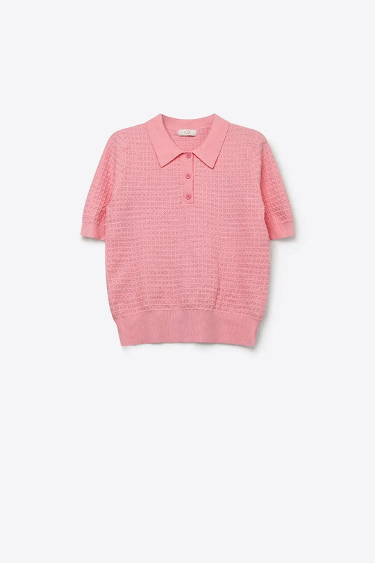 Waffle Knit Button Polo in pink with Short Sleeve - Sweaters