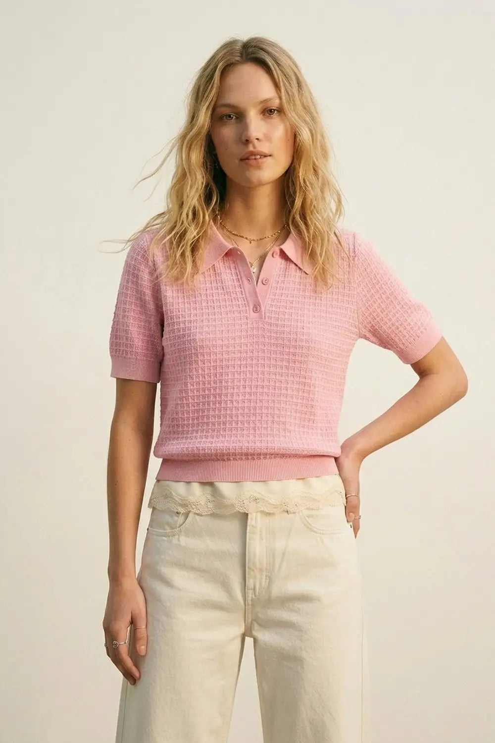 Waffle Knit Button Polo in pink with Short Sleeve - Sweaters