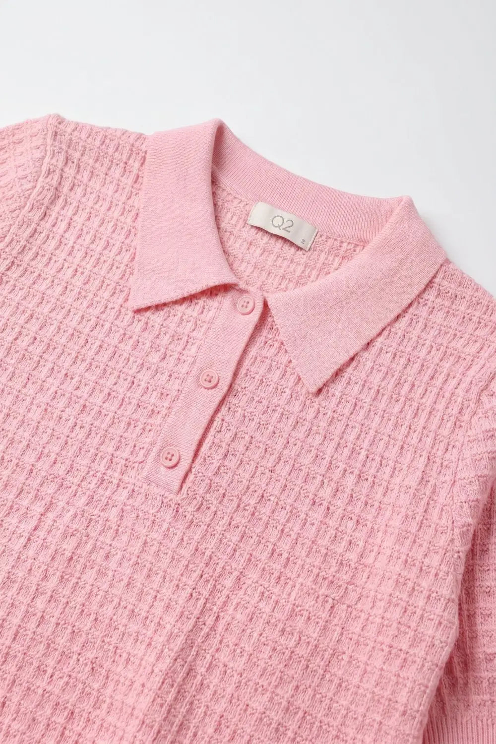 Waffle Knit Button Polo in pink with Short Sleeve - Sweaters
