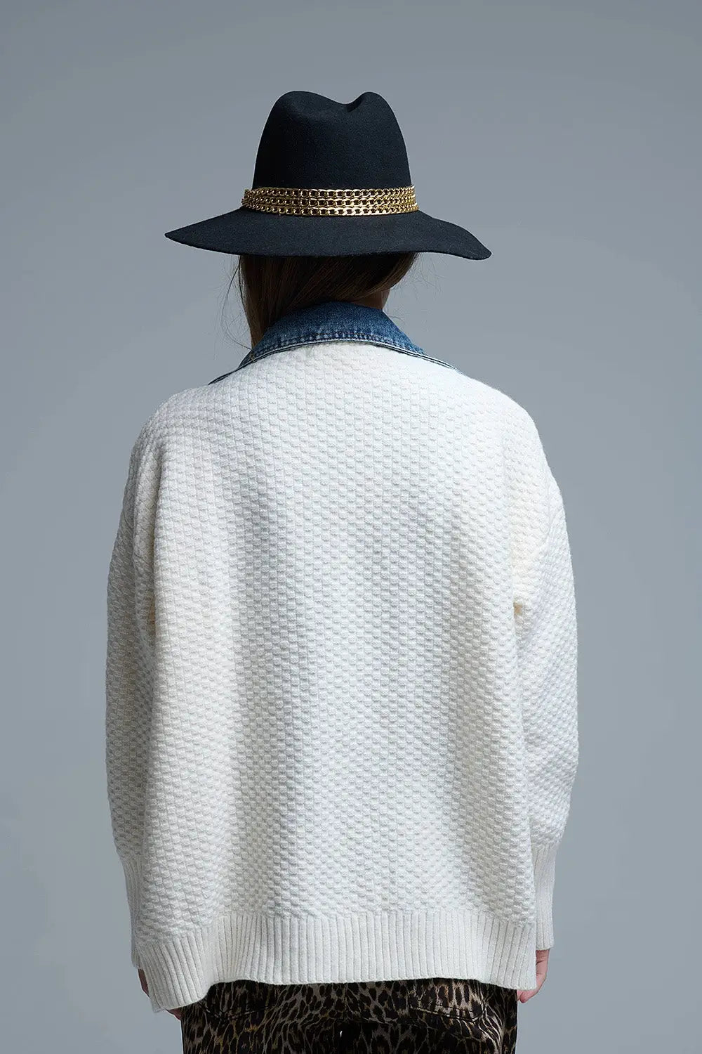 Waffle Knit Cardigan in White with Blue Chunky Denim inside - One Size / White - Coats and Jackets