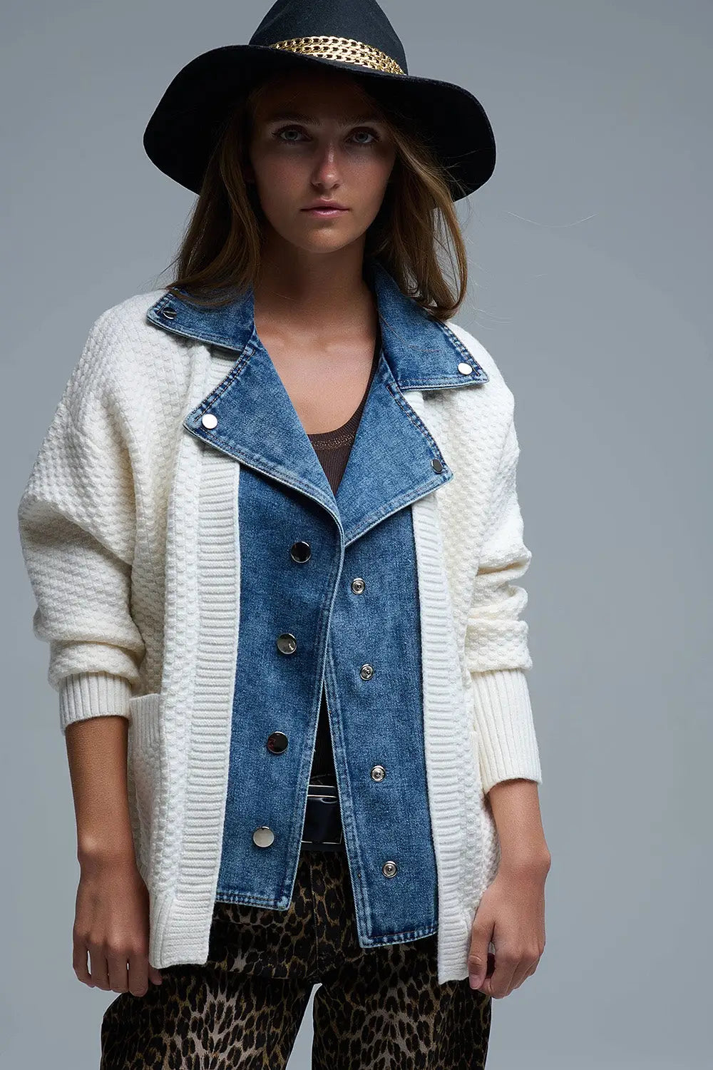Waffle Knit Cardigan in White with Blue Chunky Denim inside - One Size / White - Coats and Jackets