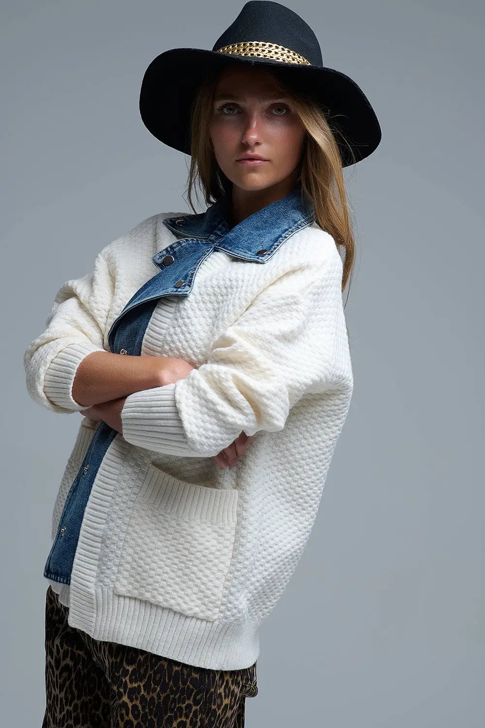Waffle Knit Cardigan in White with Blue Chunky Denim inside - One Size / White - Coats and Jackets