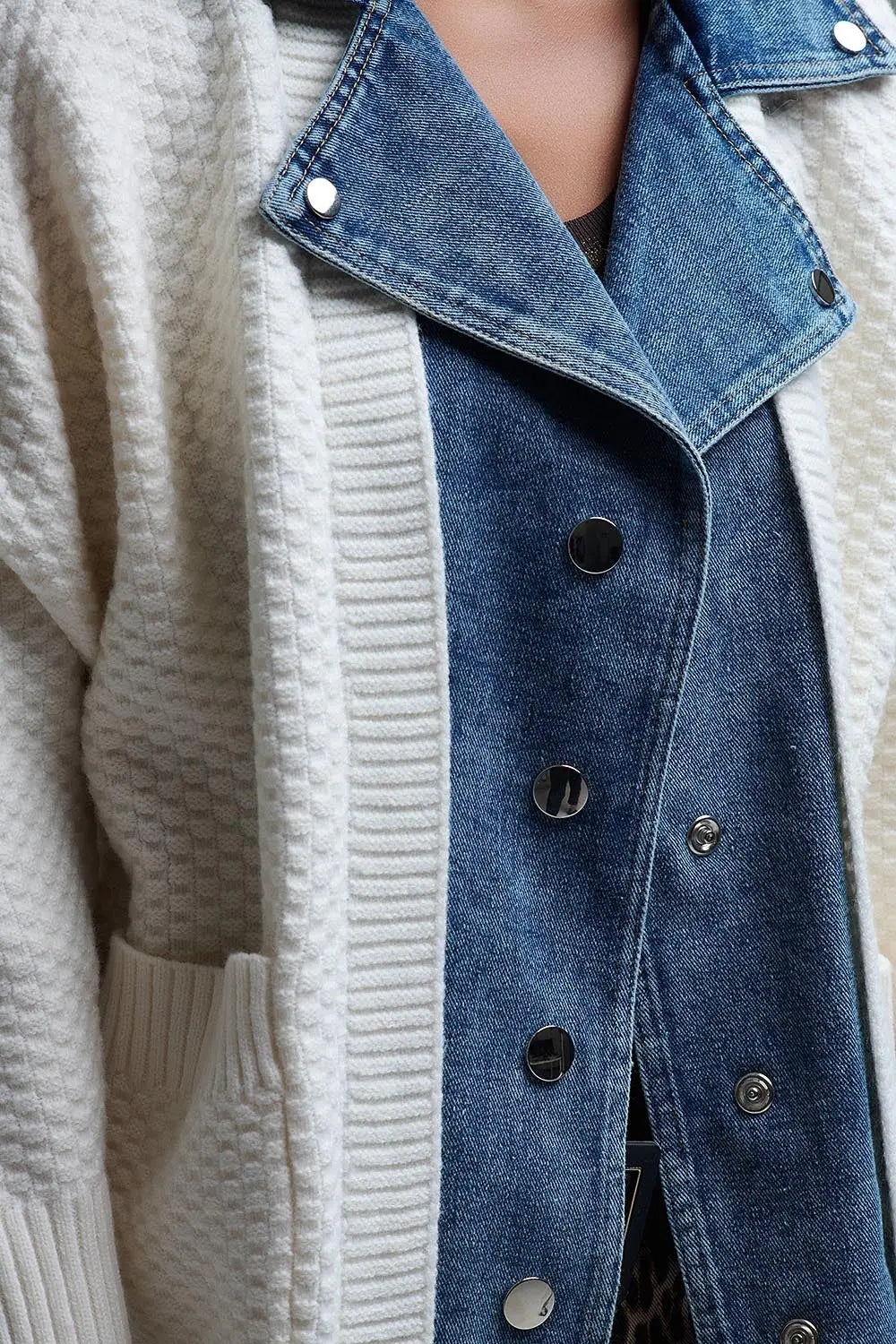 Waffle Knit Cardigan in White with Blue Chunky Denim inside - One Size / White - Coats and Jackets