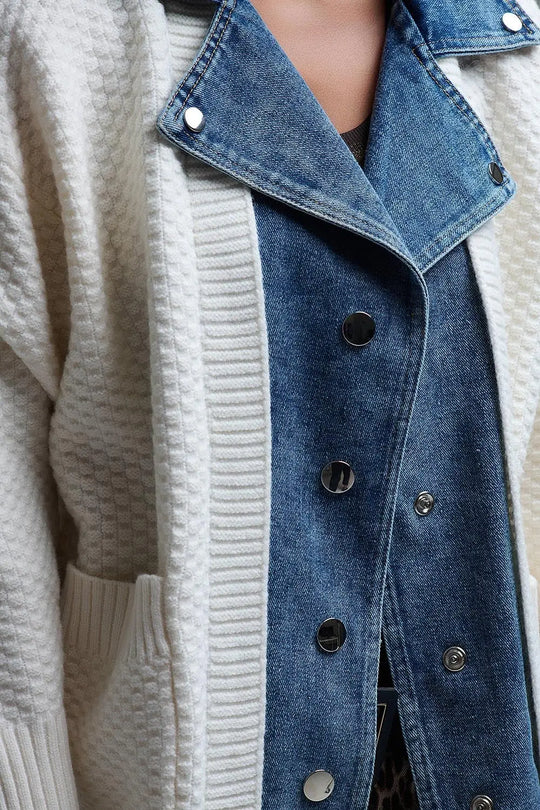 Waffle Knit Cardigan in White with Blue Chunky Denim inside - One Size / White - Coats and Jackets