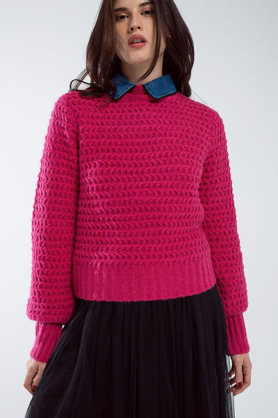 Waffle Knit Relaxed jumper With High Neck in Red