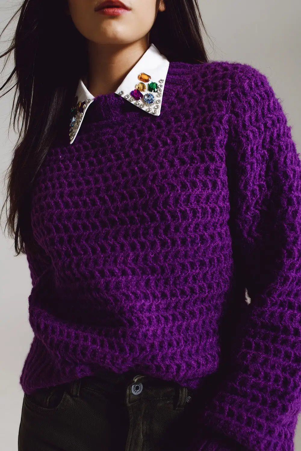 Waffle Knit Relaxed Sweater With High Neck in Purple - One Size / Purple - Sweaters