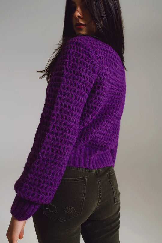 Waffle Knit Relaxed Sweater With High Neck in Purple - One Size / Purple - Sweaters