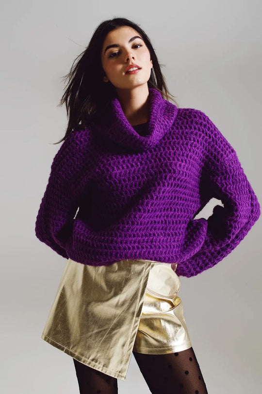 Waffle Knit Sweater With Turtle Neck in Purple - One Size / Purple - Sweaters