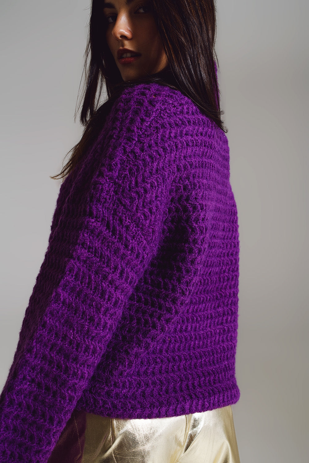 Waffle Knit Sweater With Turtle Neck in Purple