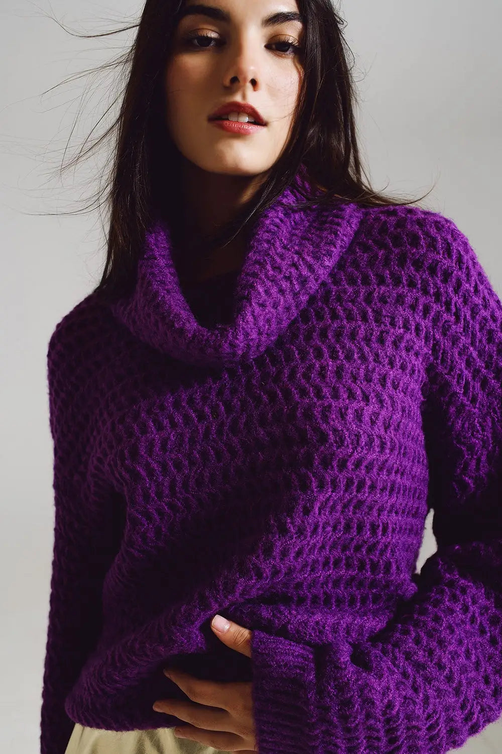 Waffle Knit Sweater With Turtle Neck in Purple - One Size / Purple - Sweaters
