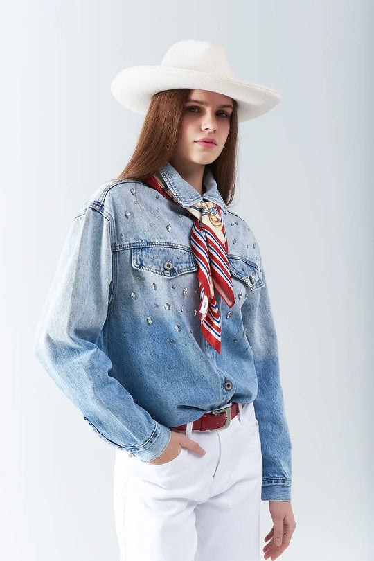 wash Denim overshirt With Chest Pockets And Embroidered strass Details - Coats and Jackets