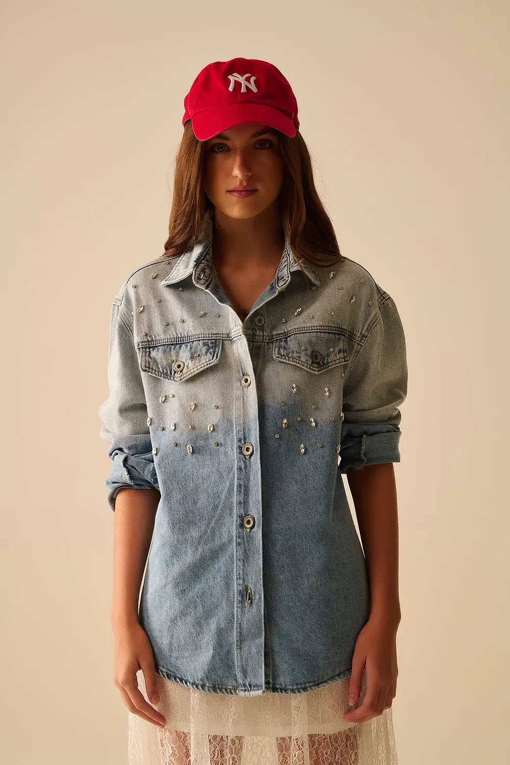 wash Denim overshirt With Chest Pockets And Embroidered strass Details - Coats and Jackets
