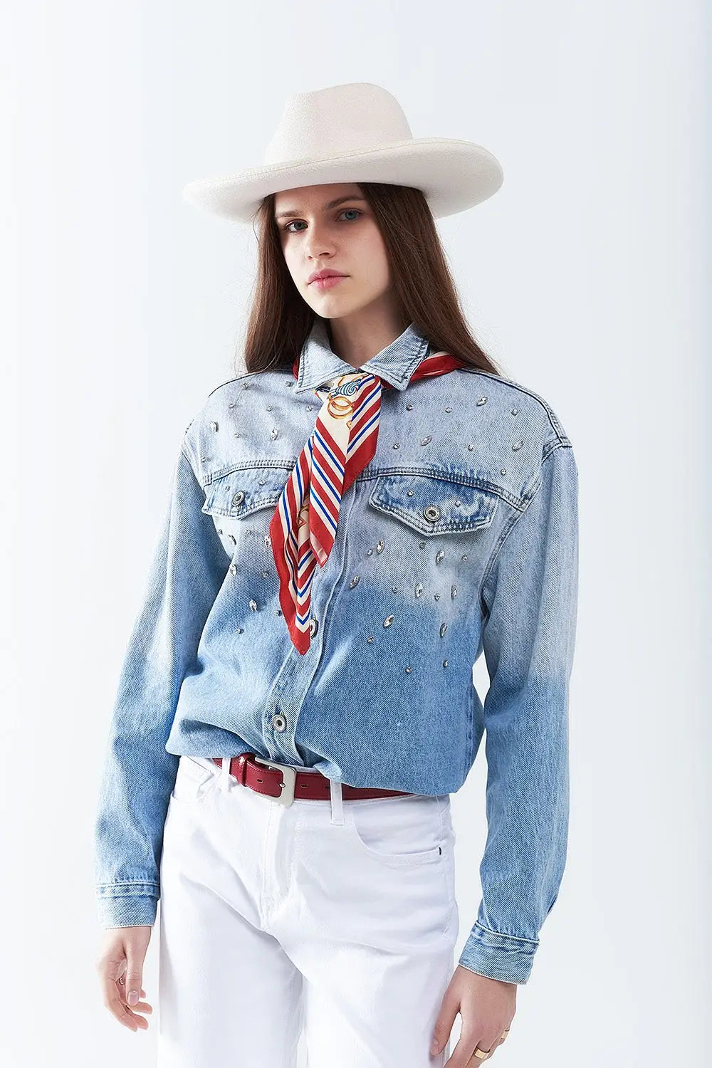 wash Denim overshirt With Chest Pockets And Embroidered strass Details - Coats and Jackets