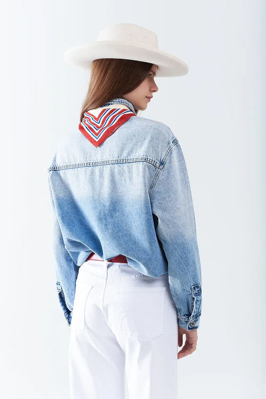 wash Denim overshirt With Chest Pockets And Embroidered strass Details - Coats and Jackets