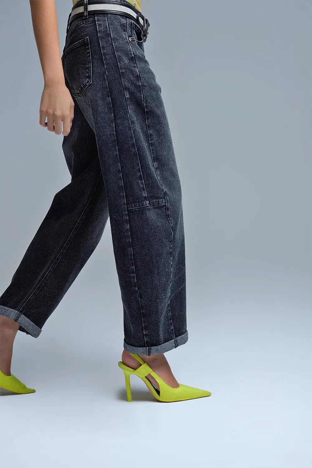 Q2 Washed Black Barrel Jeans With Seam Detail